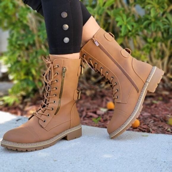 Women's Tan Lace up and Ankle Mid Calf Combat Boots - Picture 1 of 7